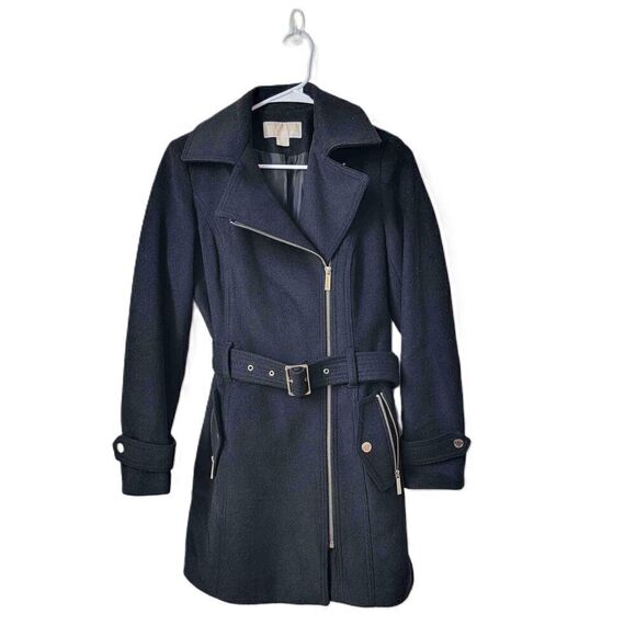 MICHAEL KORS Black Wool Blend Asymmetrical Zip Belted Trench Coat